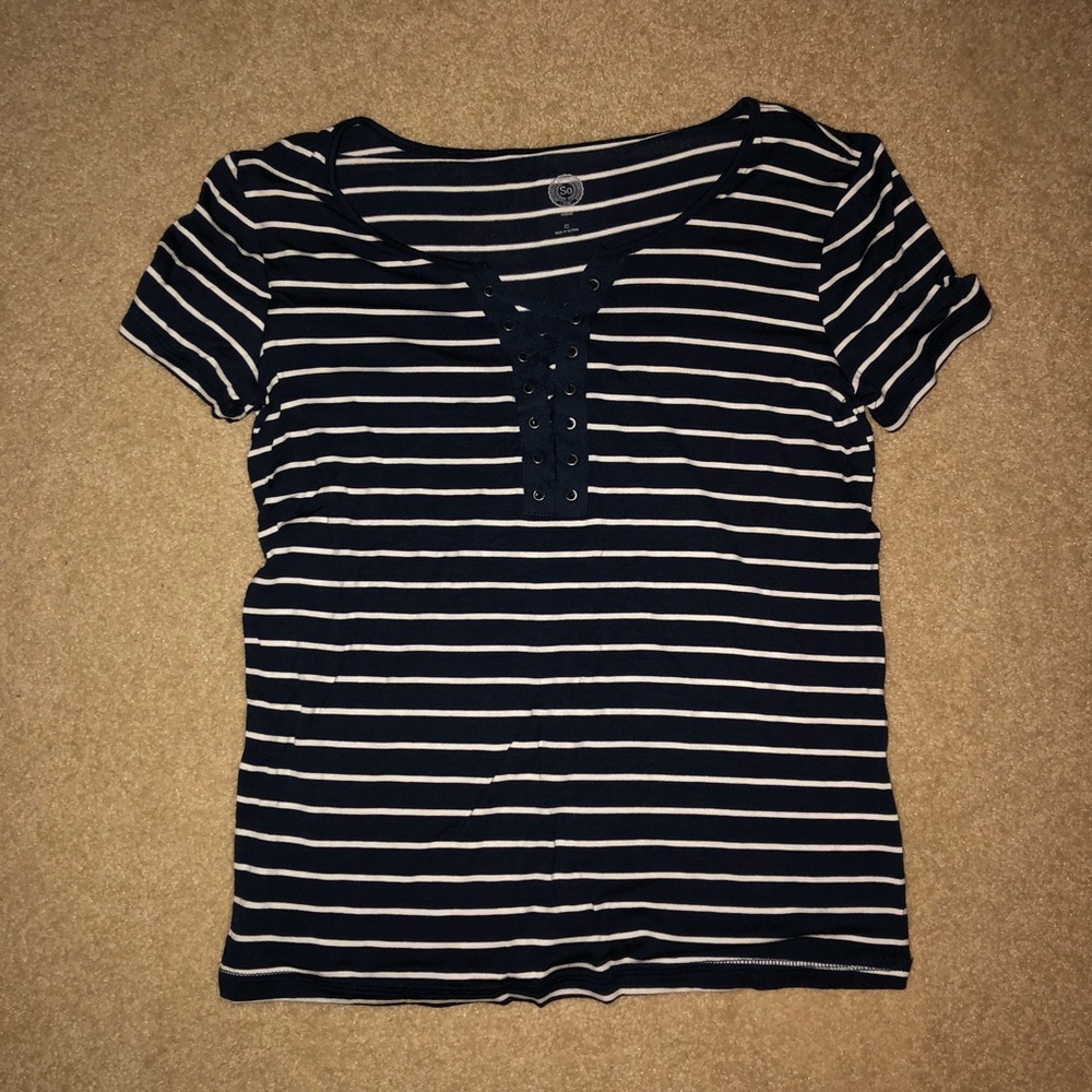 Blue and white striped lace down T-shirt